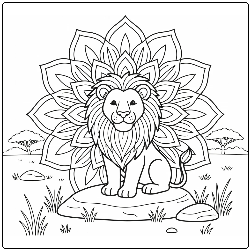 Lion mandala mane on savanna rock animal mandala coloring pages