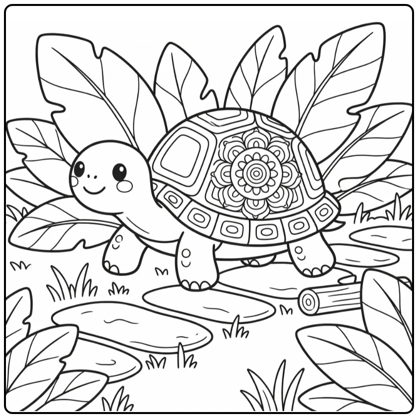 Animal mandala coloring pages: turtle with mandala shell on path