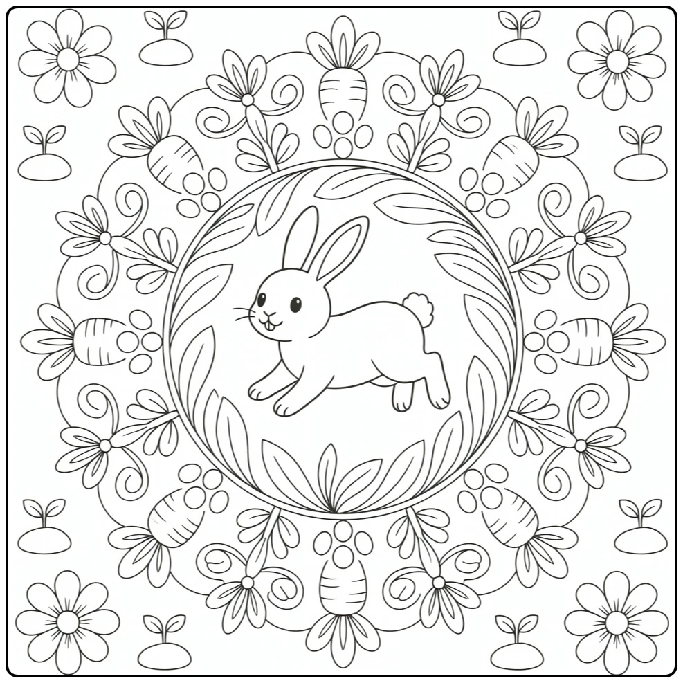 Animal mandala coloring pages: rabbit hops through spring leaf ring