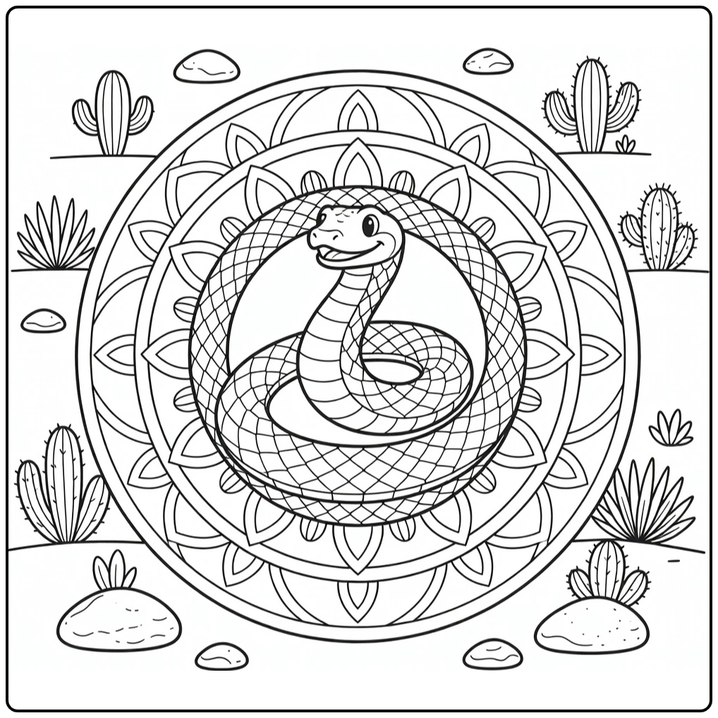 Animal mandala coloring pages: coiled snake around stone