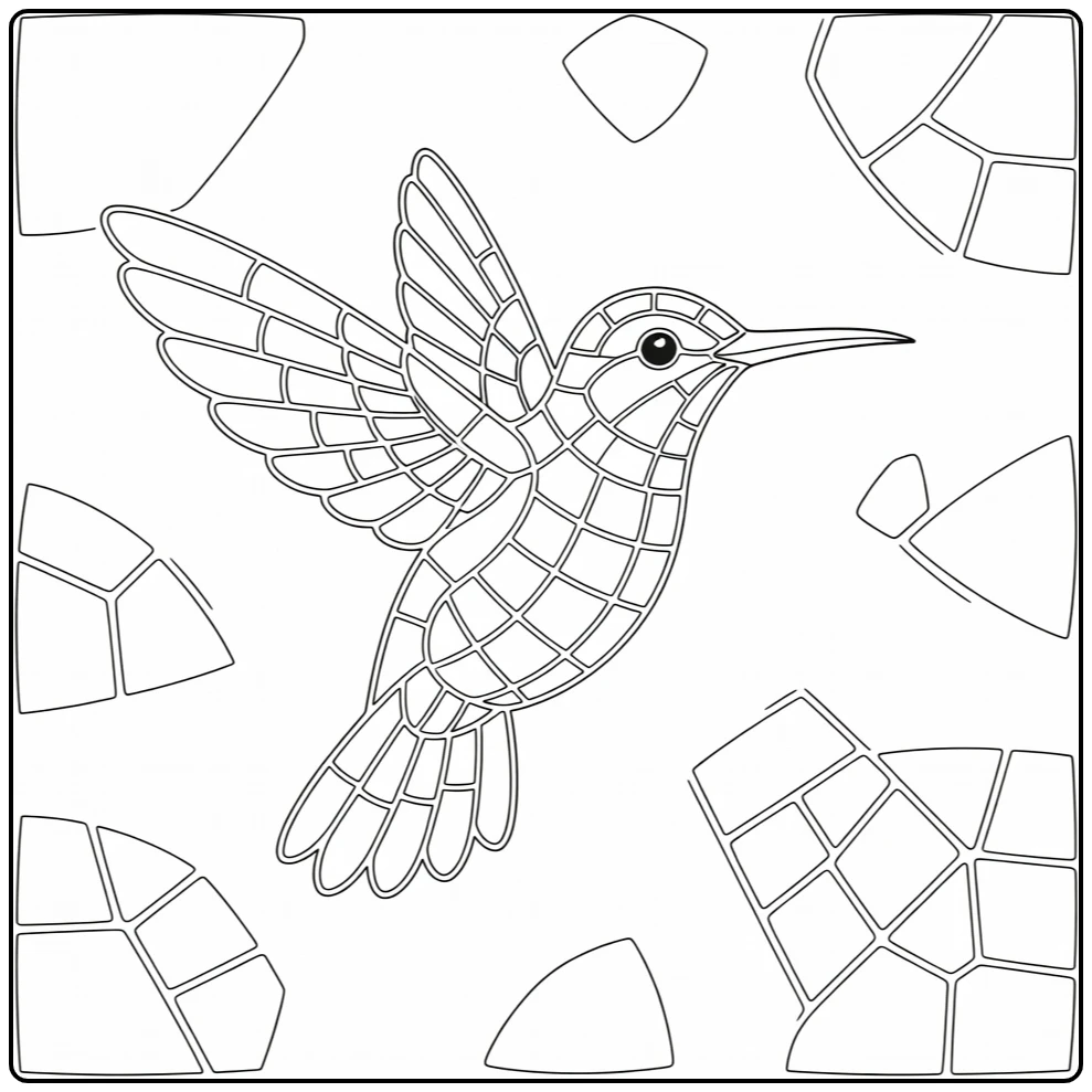 Animal mosaic coloring page of hovering hummingbird with tile wings