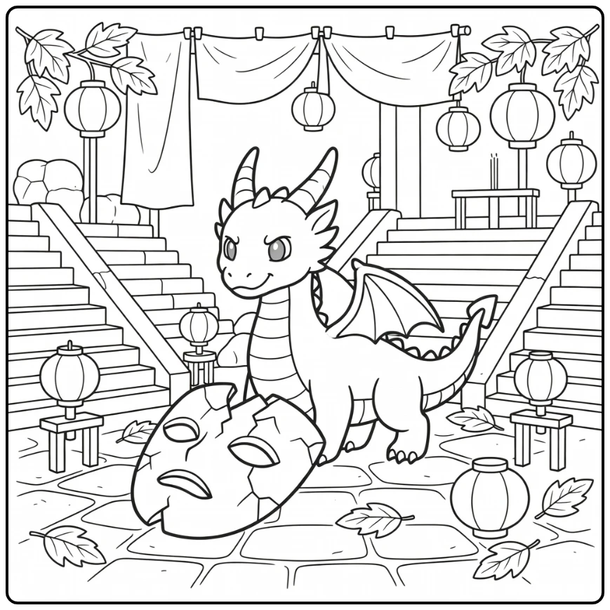 Anime dragon coloring page guarding giant cracked mask in shrine