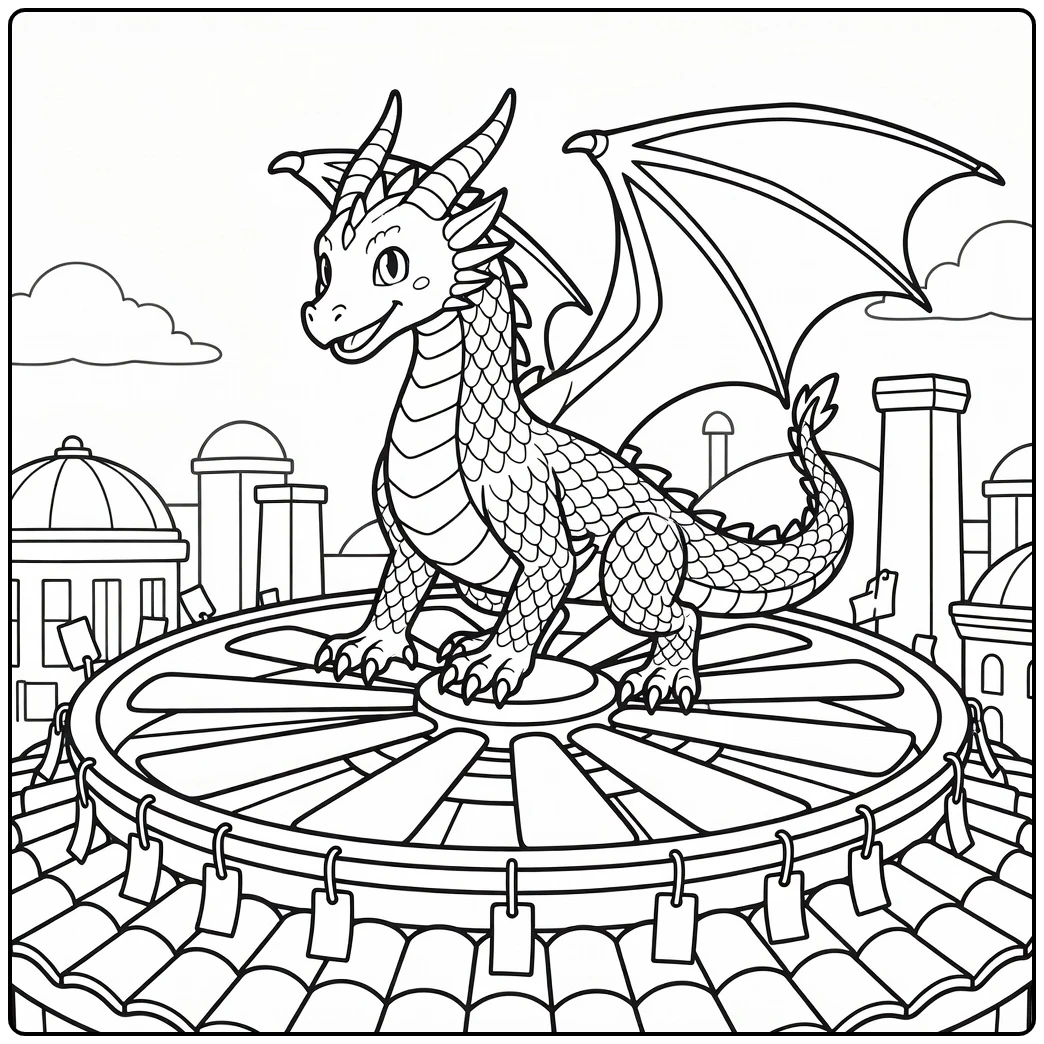 Anime dragon coloring page: crouching on rooftop fan over city