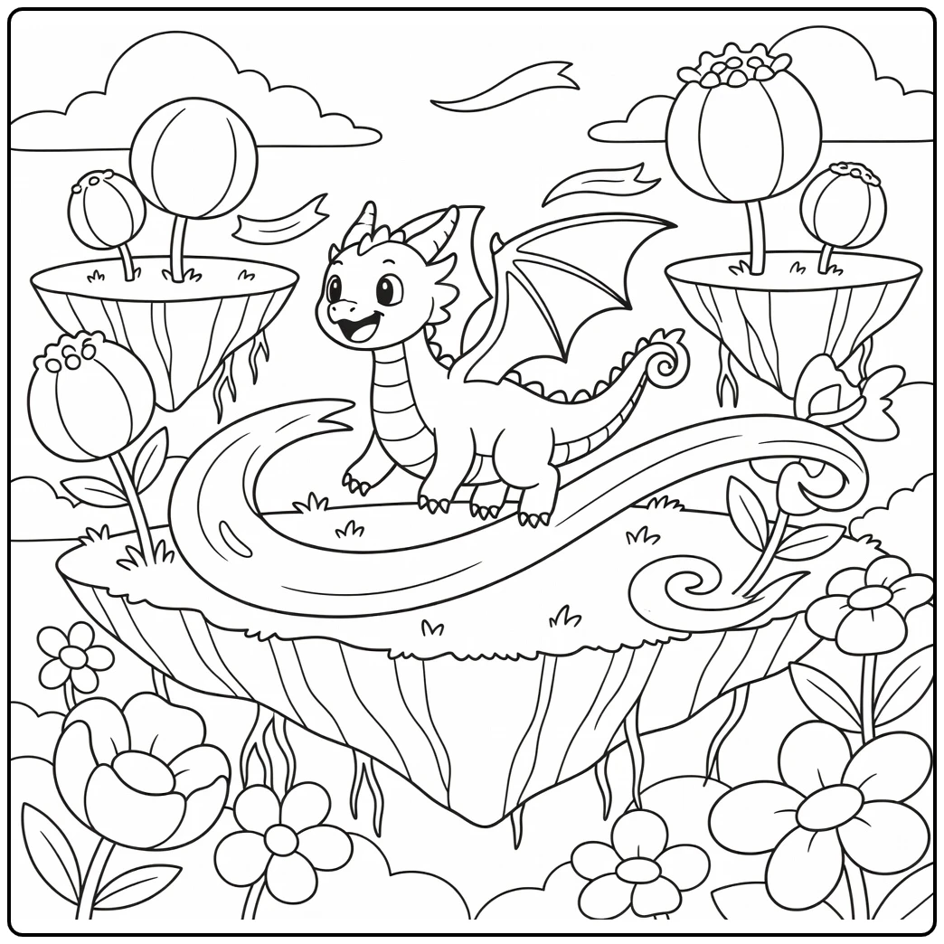 Anime dragon coloring page: excited dragon slides on wind ribbon