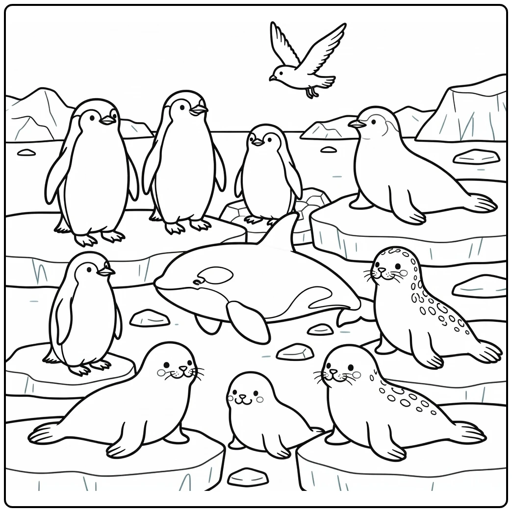 Antarctic animals coloring page with penguins seals orca ice habitat