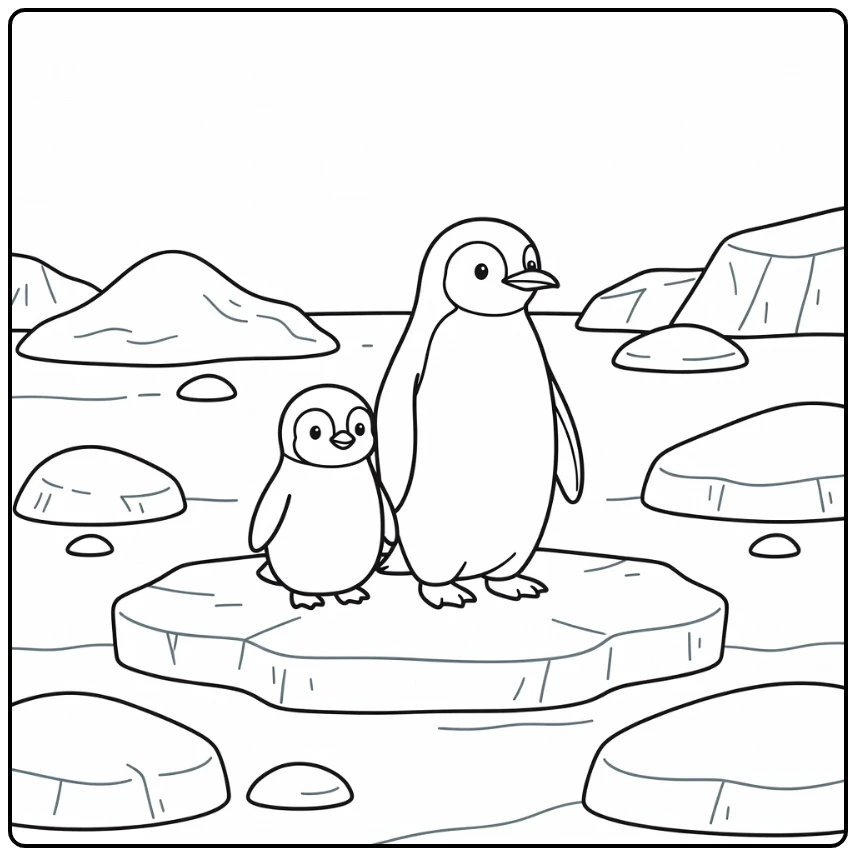 Antarctic animals coloring page: penguin chick trails adult on ice