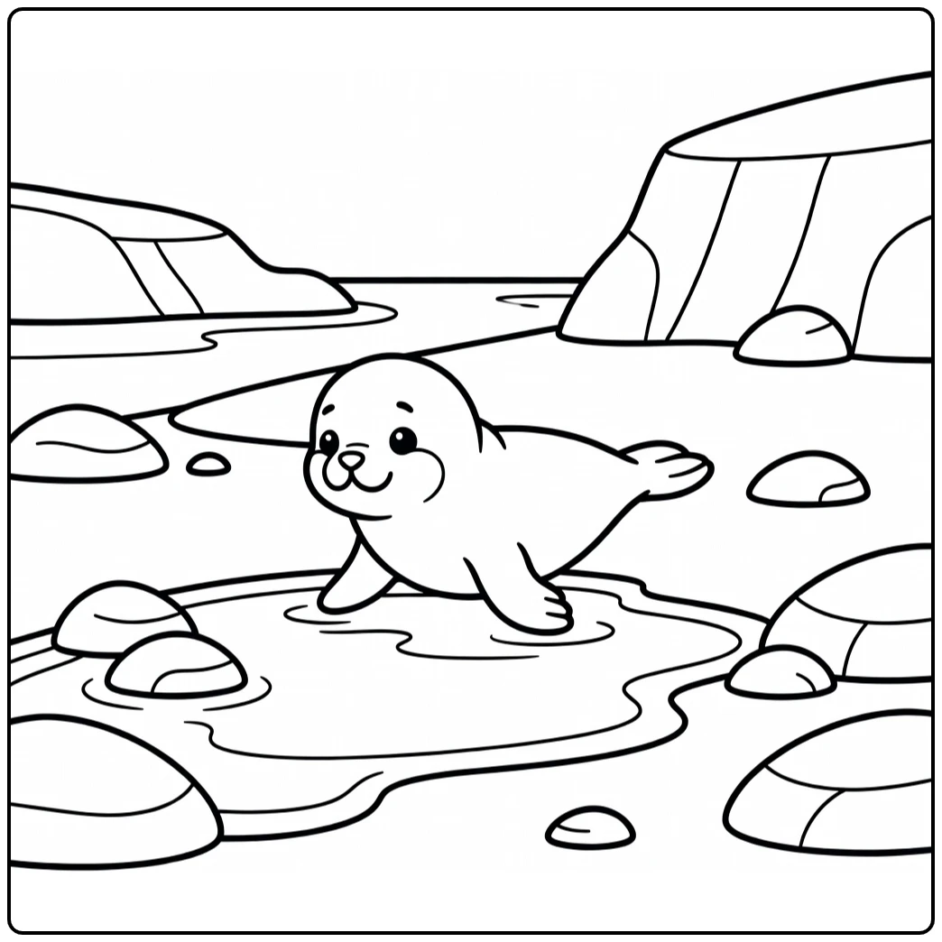 Antarctic animals coloring page: seal pup at tide pool beach