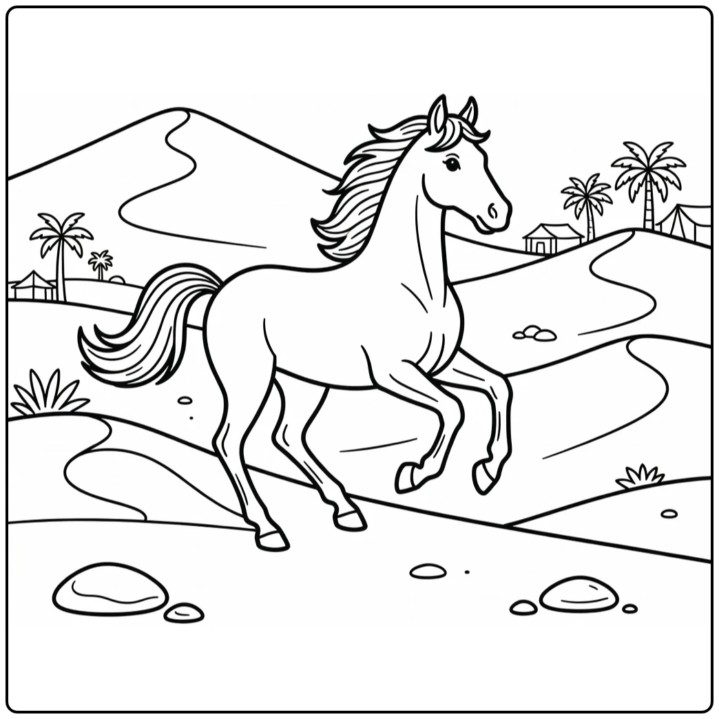 Arabian horse coloring page with cantering horse on dunes