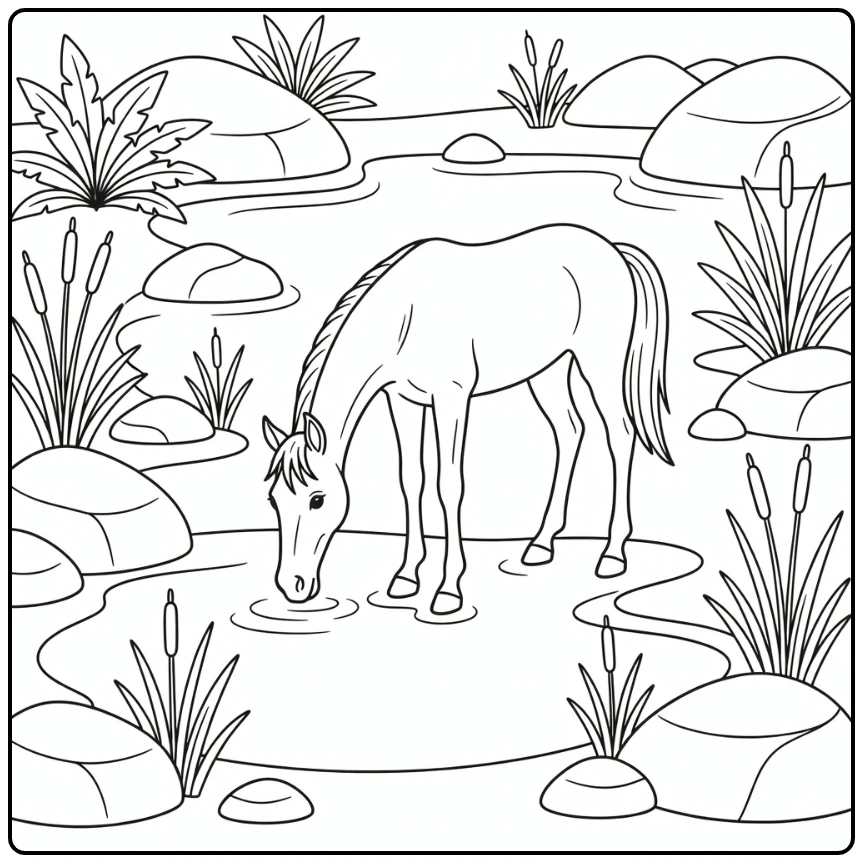 arabian horse coloring page at quiet oasis with palms