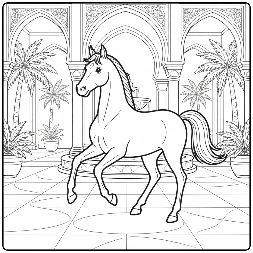 Arabian horse coloring page in arched courtyard with fountain