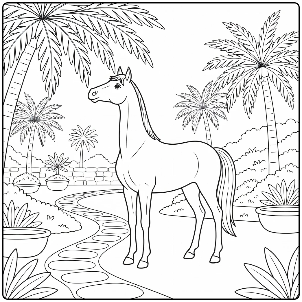 Arabian horse coloring page stretching neck to branch