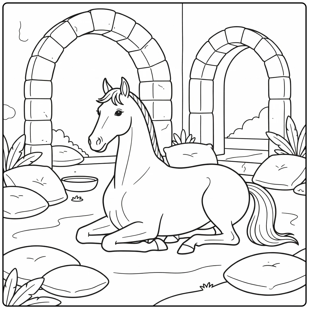 Arabian Horse Coloring Page in graceful kneeling pose