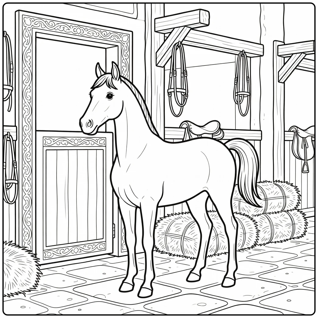 Arabian horse coloring page with ornate stable doorway
