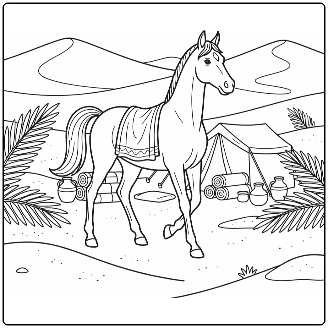 Arabian horse coloring page in desert campsite setting