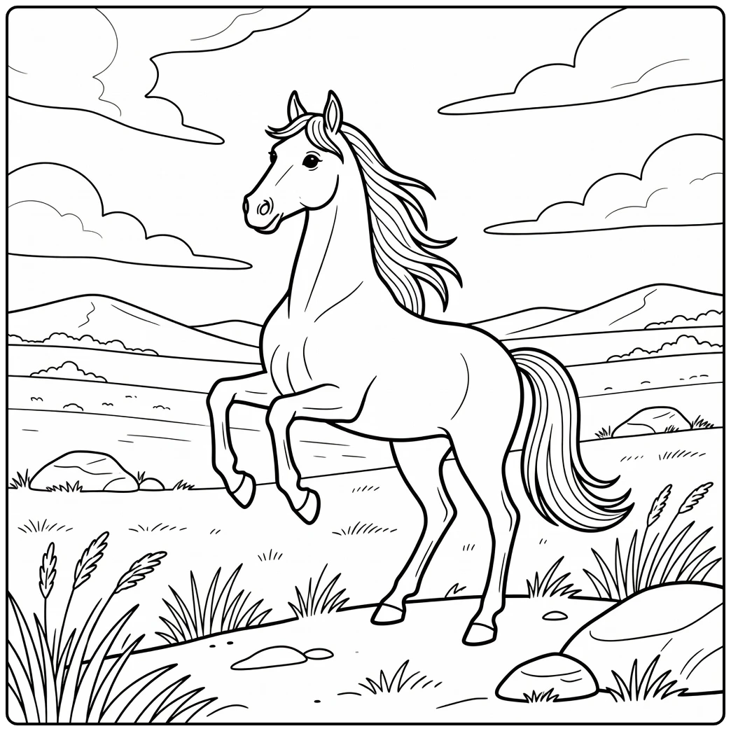 arabian horse coloring page rearing on scenic ridge