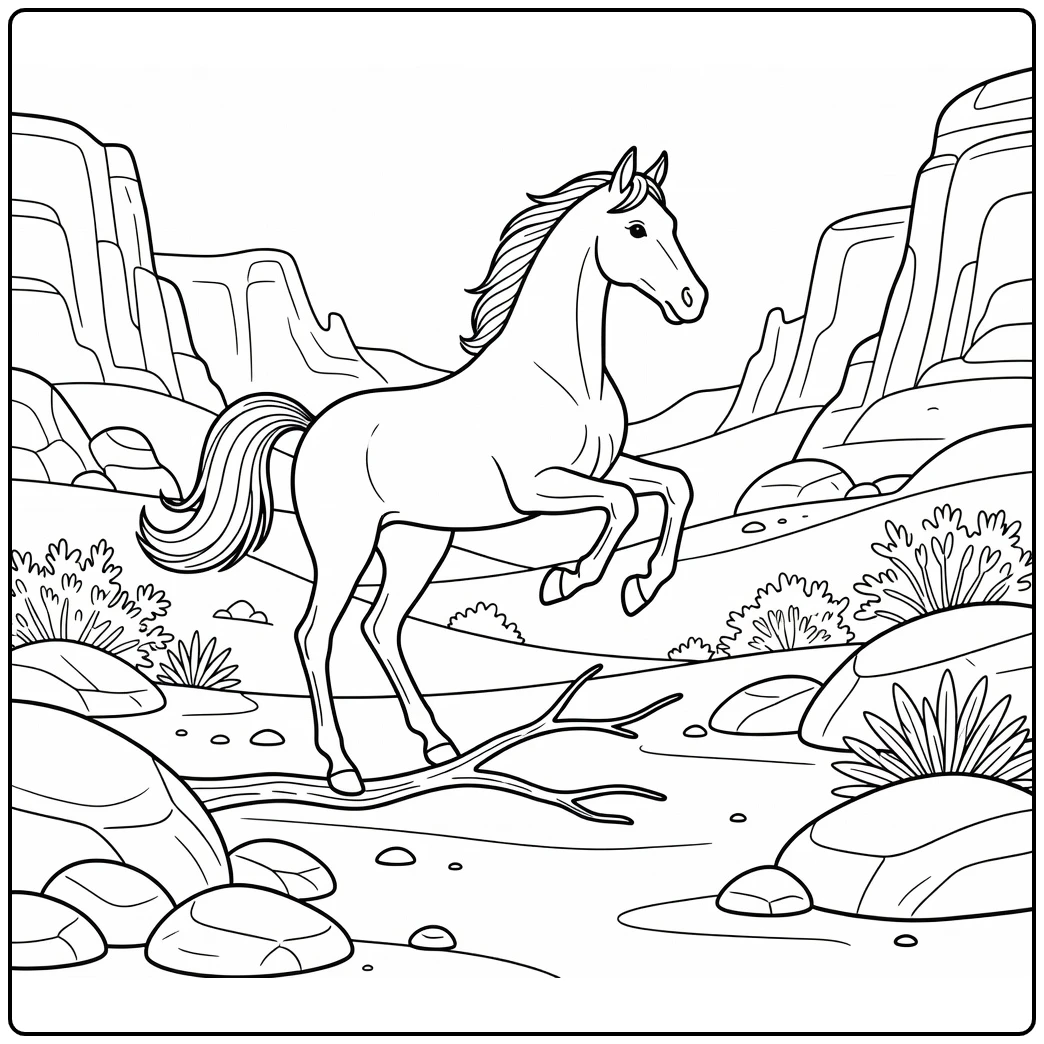 Arabian horse coloring page leaping over branch in rocky valley