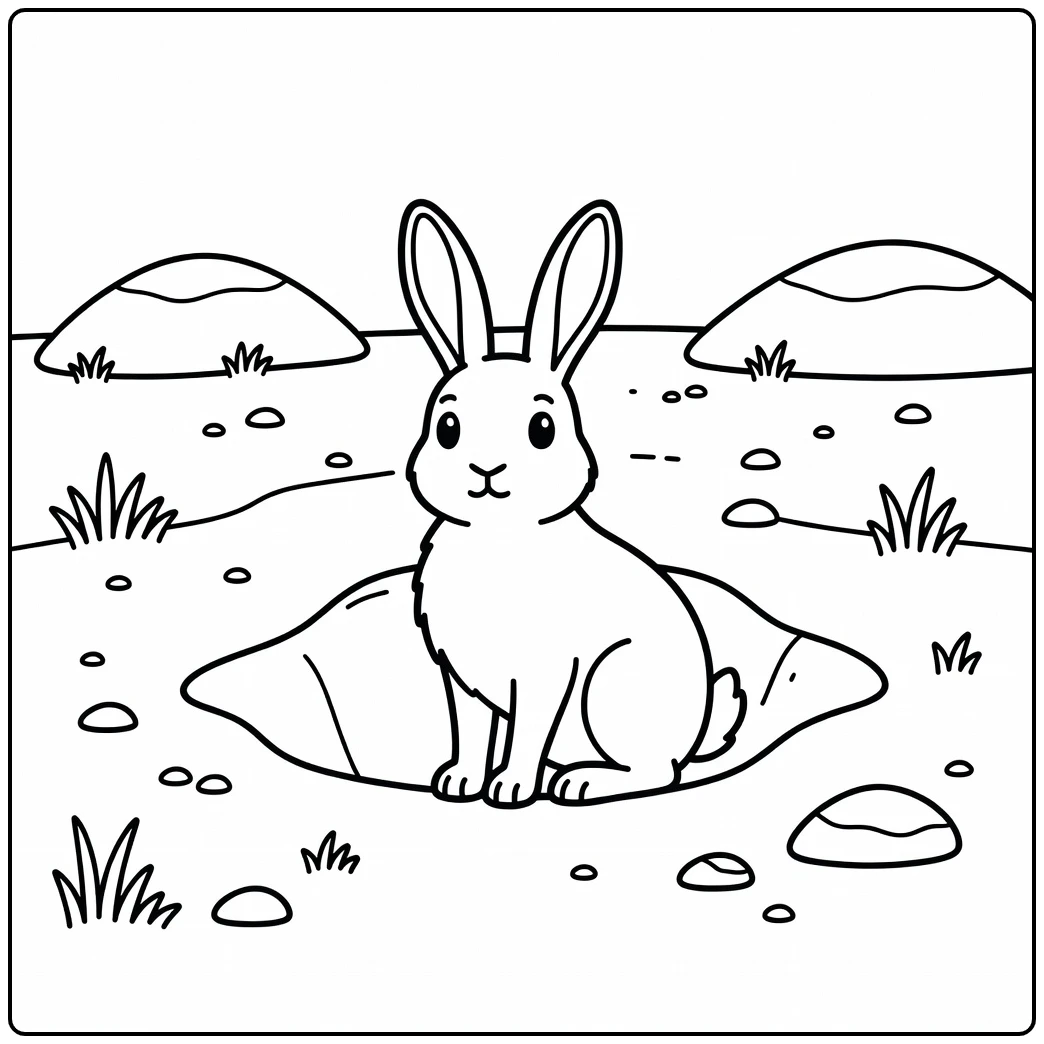 Arctic animal coloring page: cute hare listening by burrow
