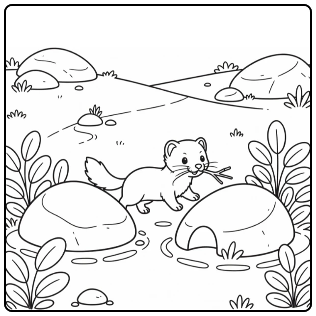 Arctic animal coloring page: ermine dashes with twig past stones