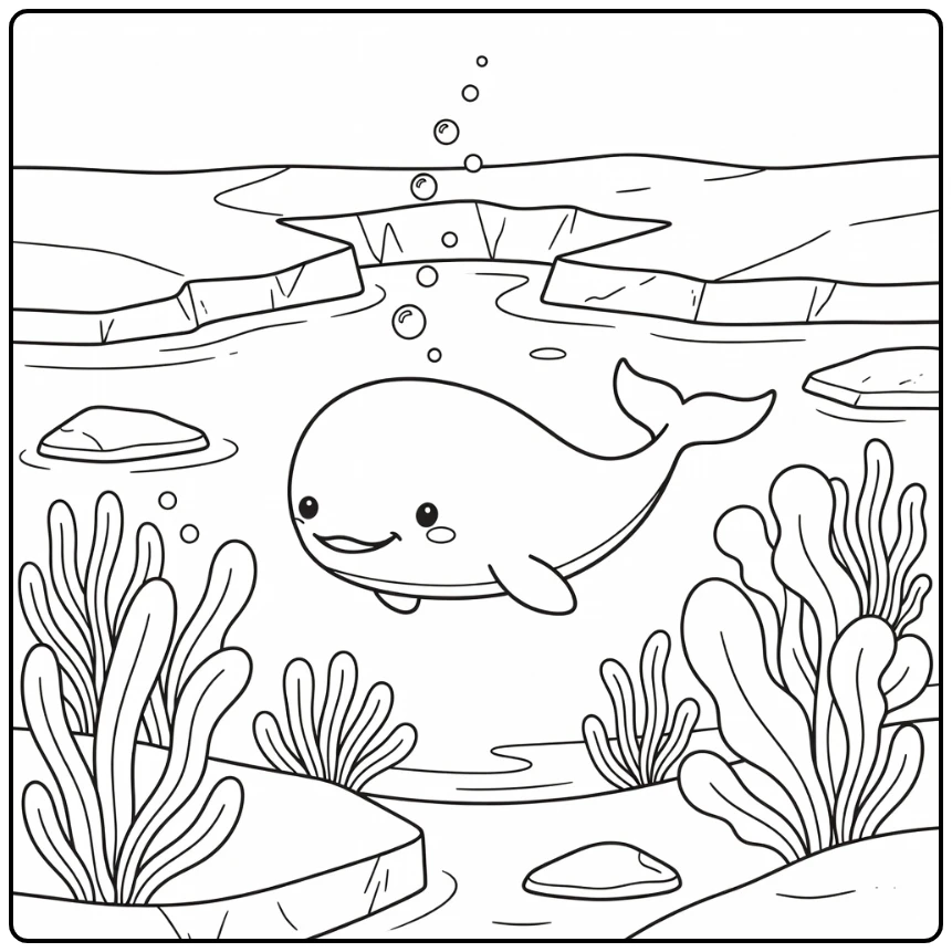 Arctic animal coloring page: bowhead whale under sea ice