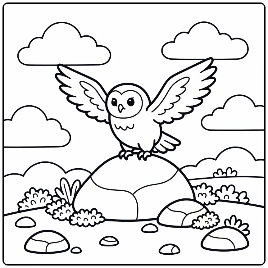 Snowy owl landing on tundra rock arctic animal coloring page