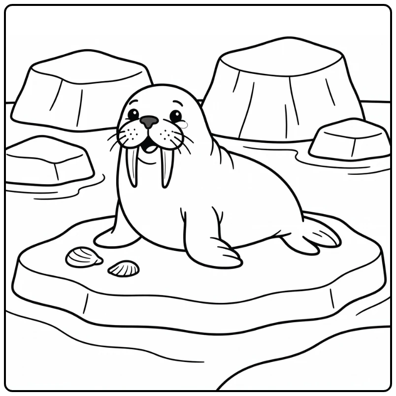 Cute walrus lifting head on ice, arctic animal coloring page