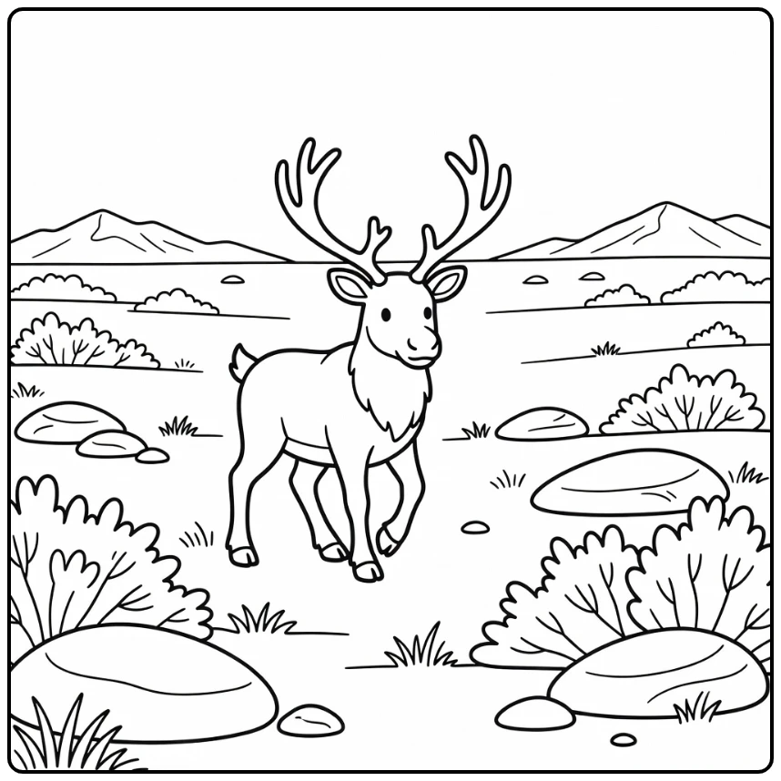 Caribou walking tundra with antlers arctic animal coloring page