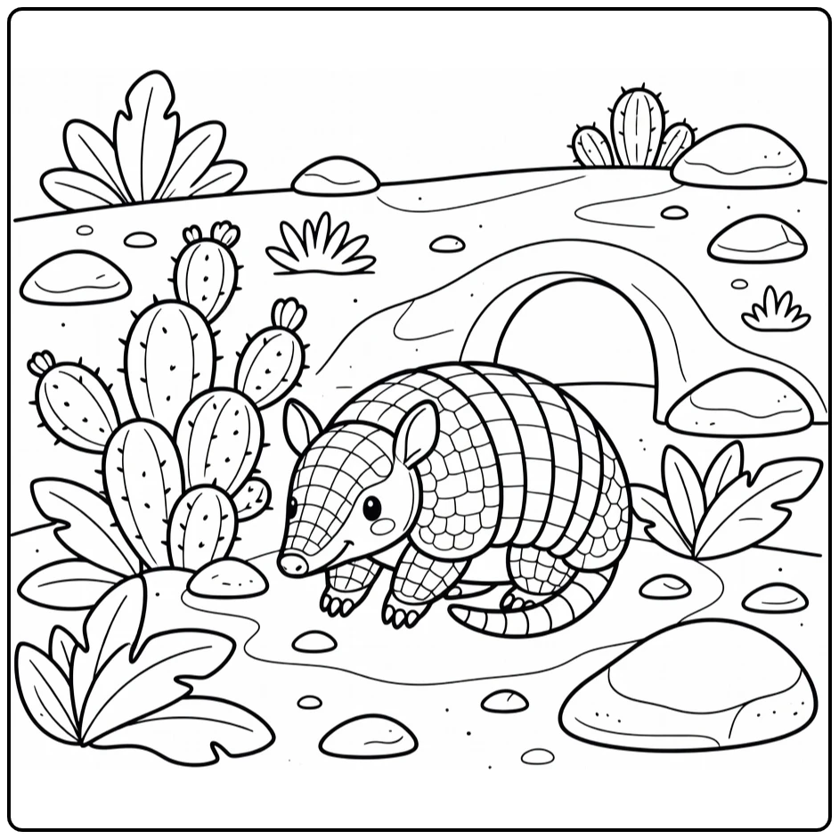 Cute curled armadillo near cactus, wild animals coloring page