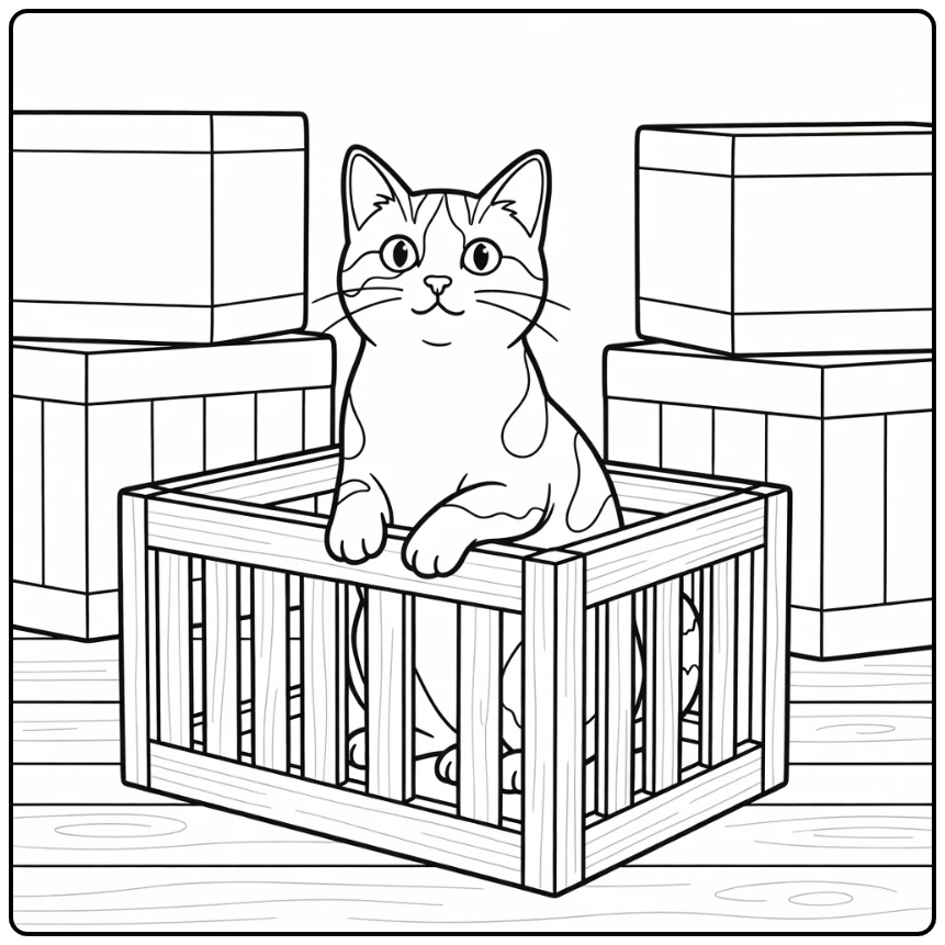 Curious calico cat peering from crate, calico cat coloring pages