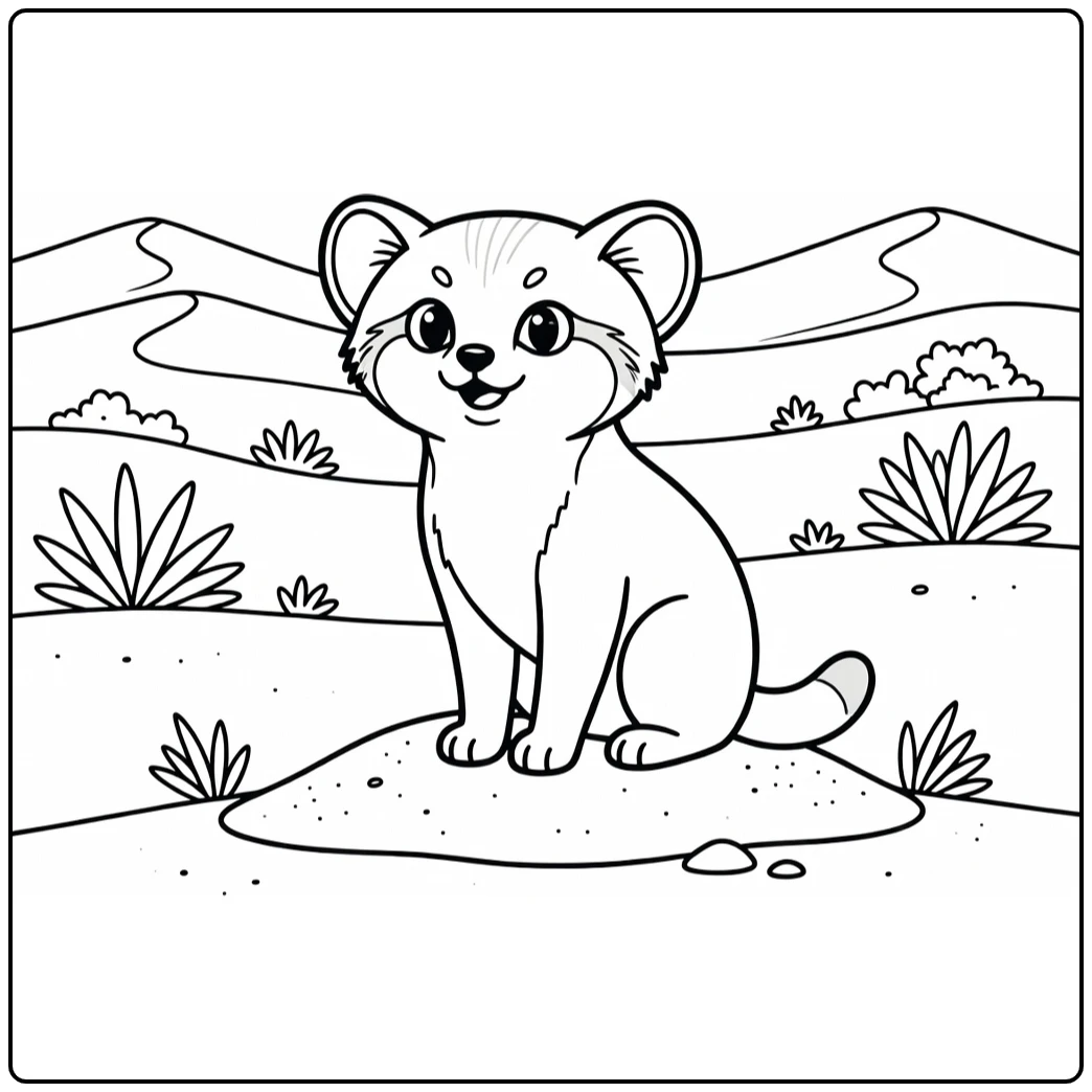 Alert sand cat on dune listening, sand cat coloring pages
