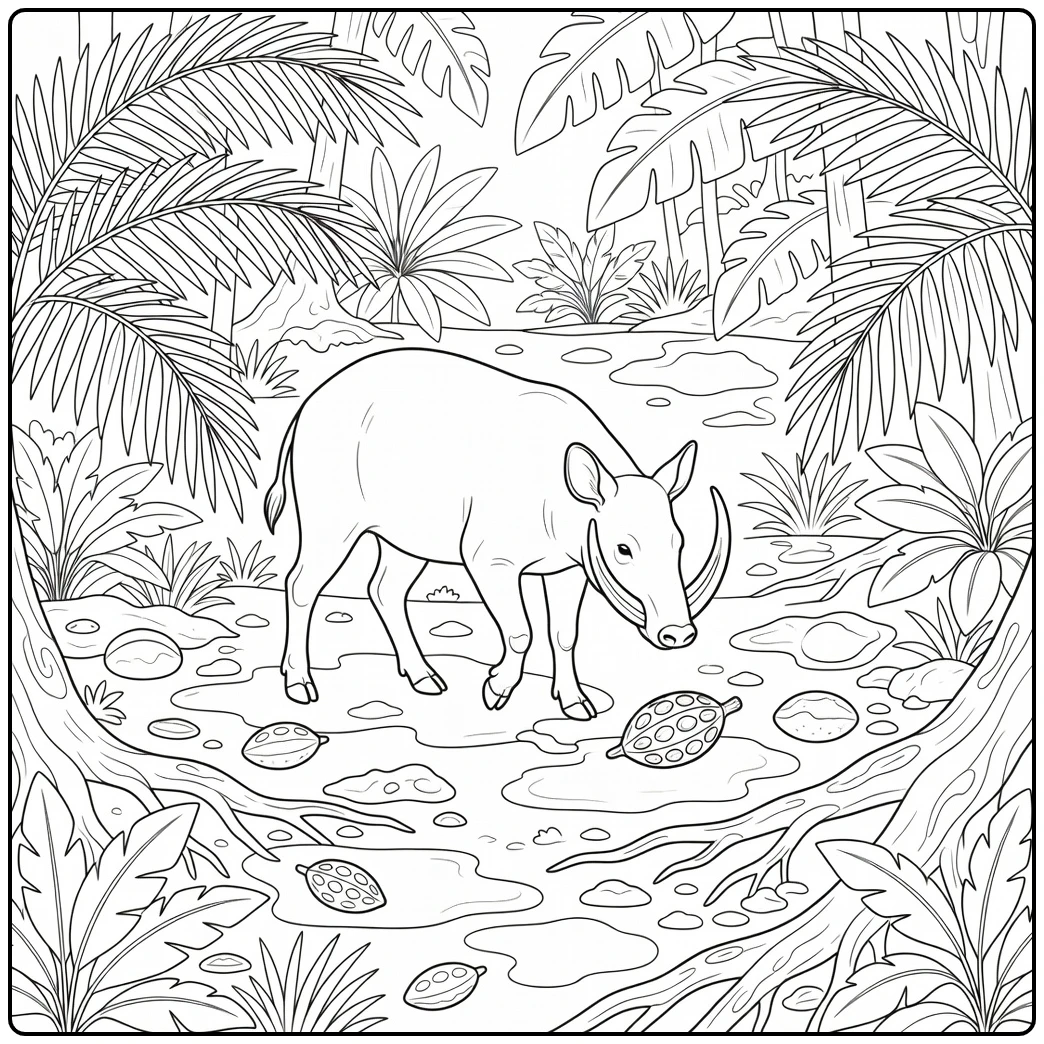 Realistic jungle animal coloring page: babirusa tusks near palm fruit