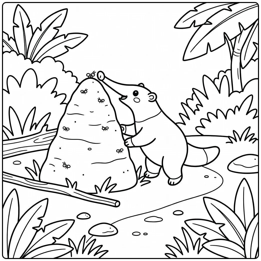 Baby animal coloring pages for kids: silly anteater tipping on anthill