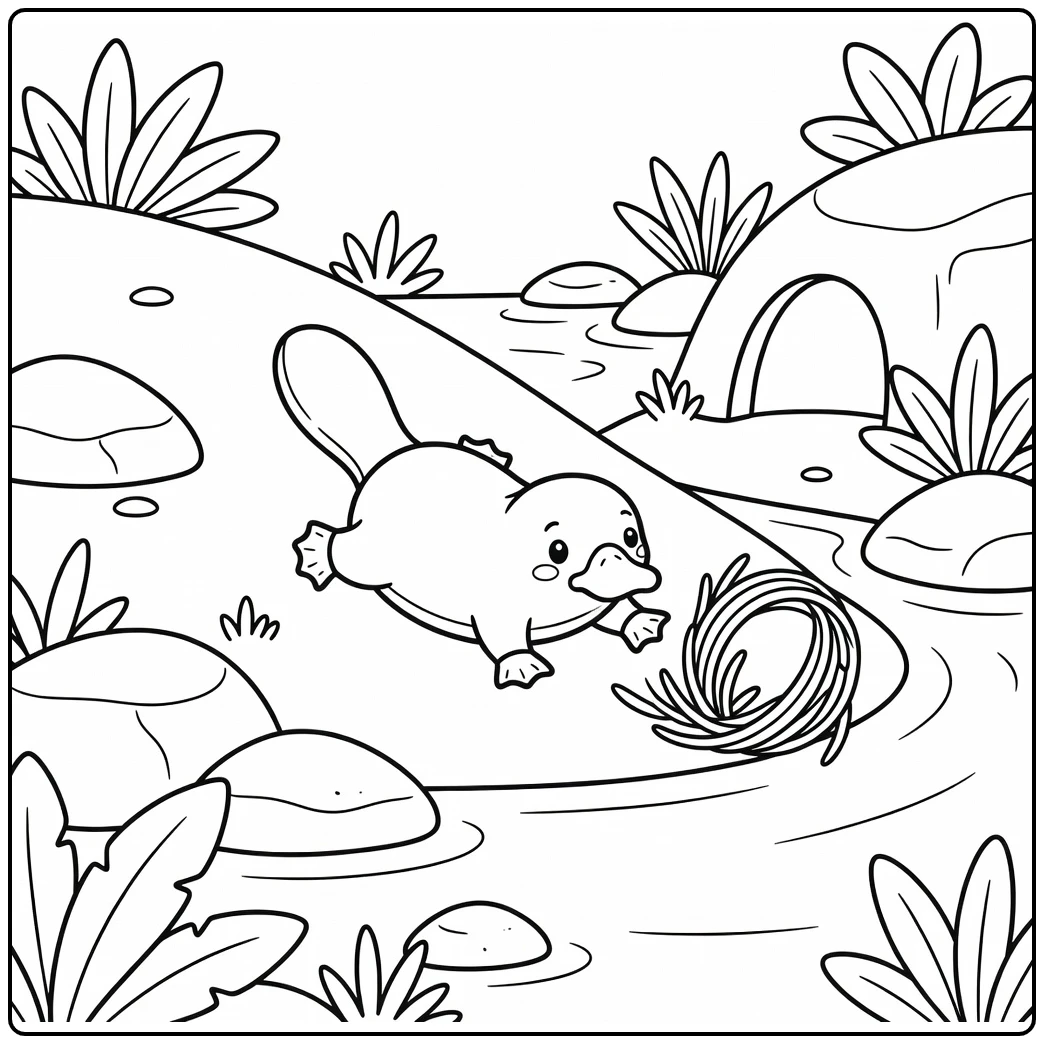 Baby animal coloring pages for kids: baby platypus sliding into stream