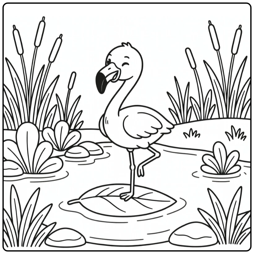 Baby animal coloring pages for kids: funny baby flamingo tipping on one leg