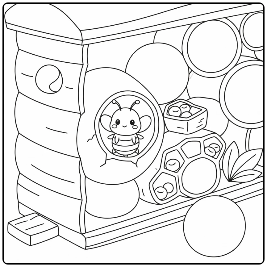 Baby bee coloring page of emerging bee from wax cell in hive