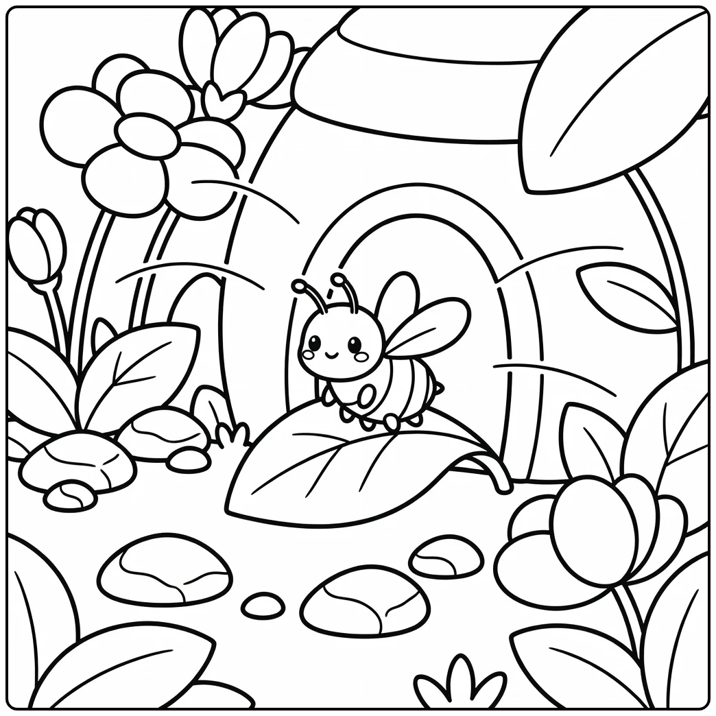 Baby bee coloring page cute bee on leaf near hive