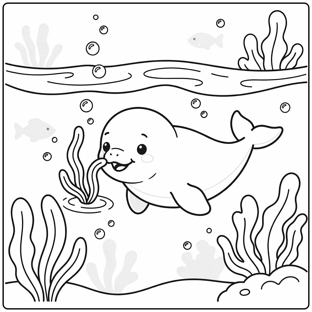Cute sea animals coloring page: baby beluga nudges seaweed