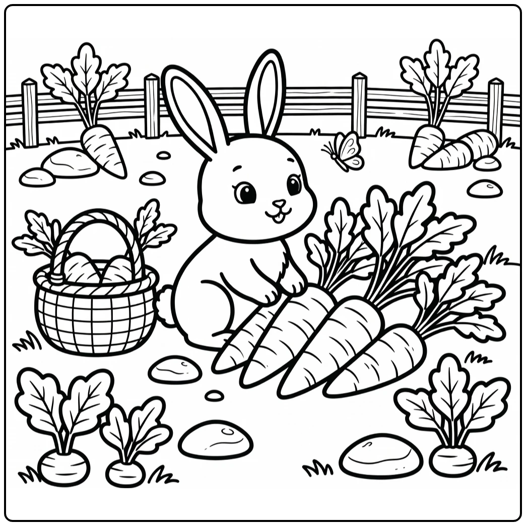 Cute baby bunny peeks from carrots at butterfly, baby animal coloring pages