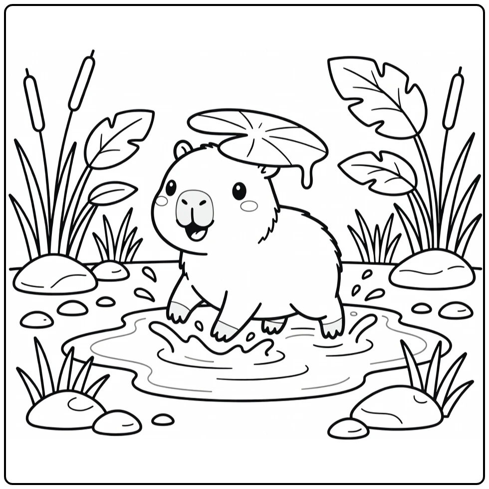 Cute baby animals cartoon coloring pages: baby capybara splashing puddle lily pad