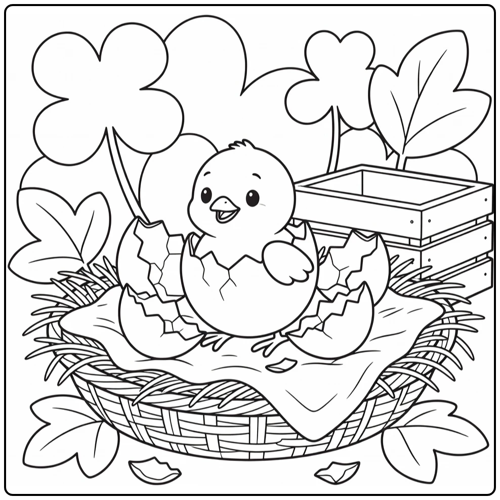 Baby chick coloring page of adorable chick hatching from egg