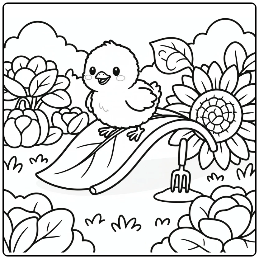 Baby chick coloring page sliding on sunflower leaf