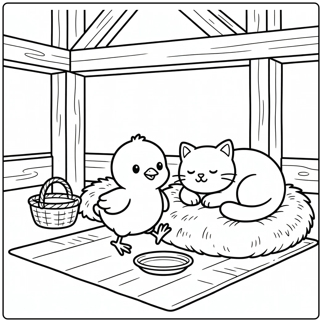 Baby chick coloring page tiptoeing near sleeping cat