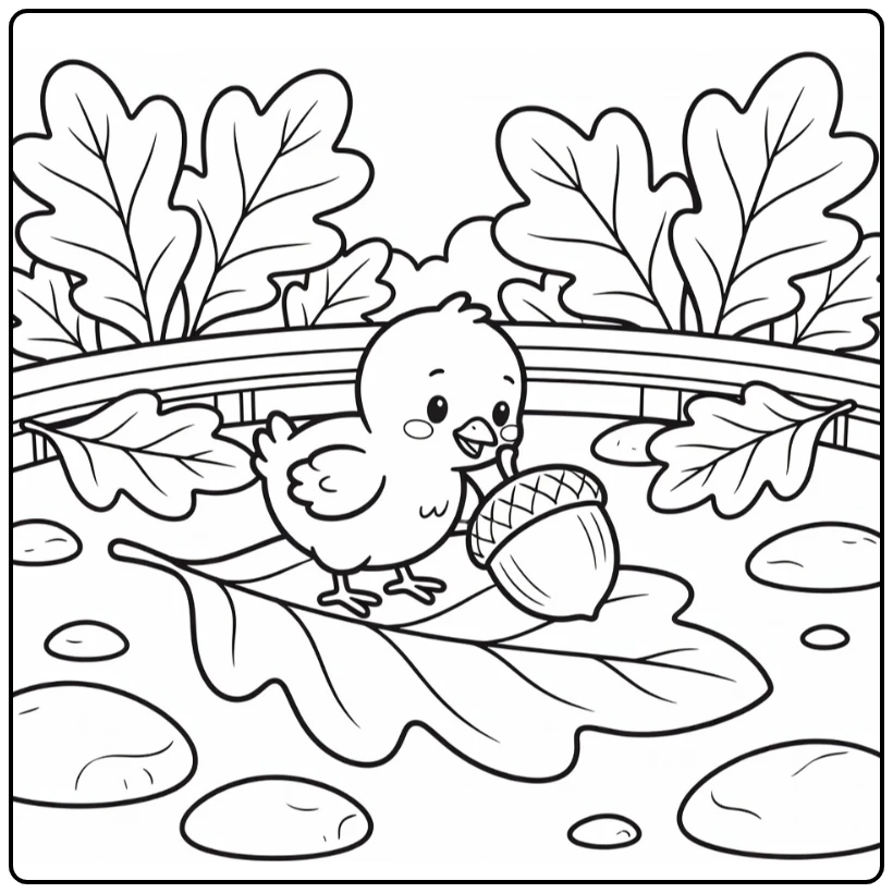 Baby chicken coloring page chick nudging acorn on oak leaf