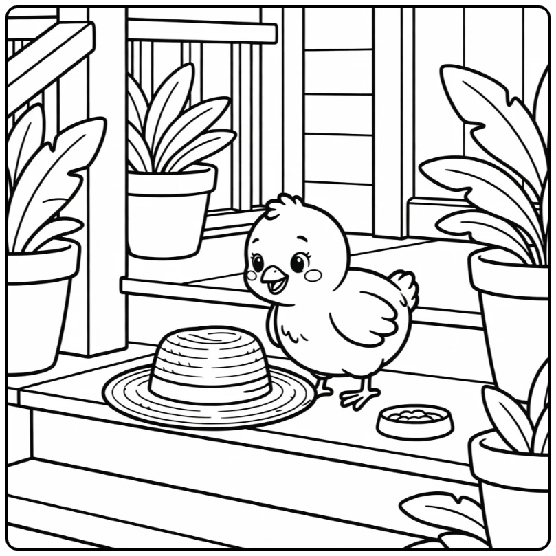 Adorable baby chicken coloring page exploring straw hat on porch
