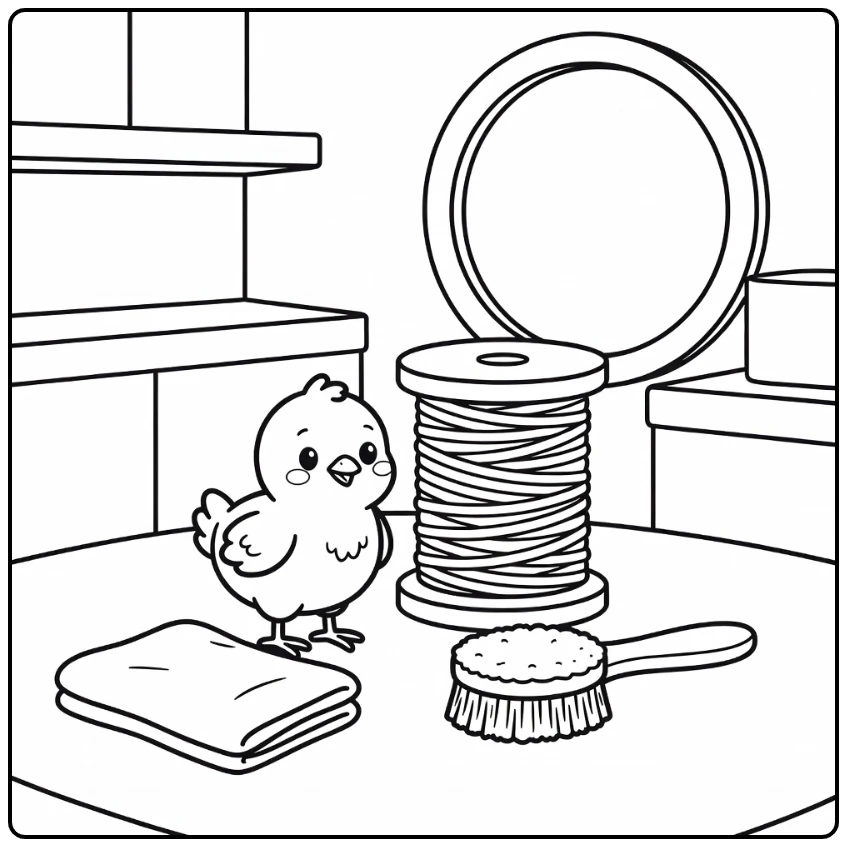 Baby chicken coloring page in cozy farm workshop corner