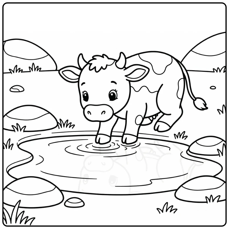 Baby cow coloring pages: calf gazing at puddle reflection