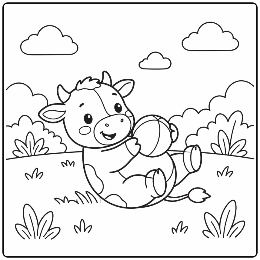 Playful baby cow coloring pages: calf with ball on grass