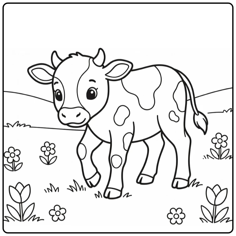 Curious baby cow's first wobbly steps on grass, baby cow coloring pages