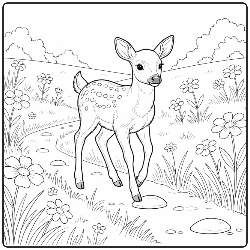 Realistic cute animal coloring page: baby deer stepping near pebble