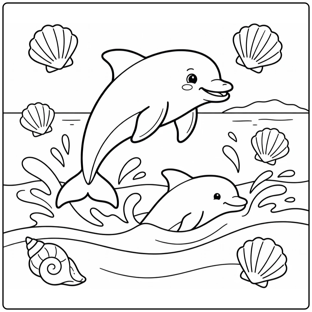 Cute Baby Dolphin Calf Leaping Baby Animal Coloring Pages