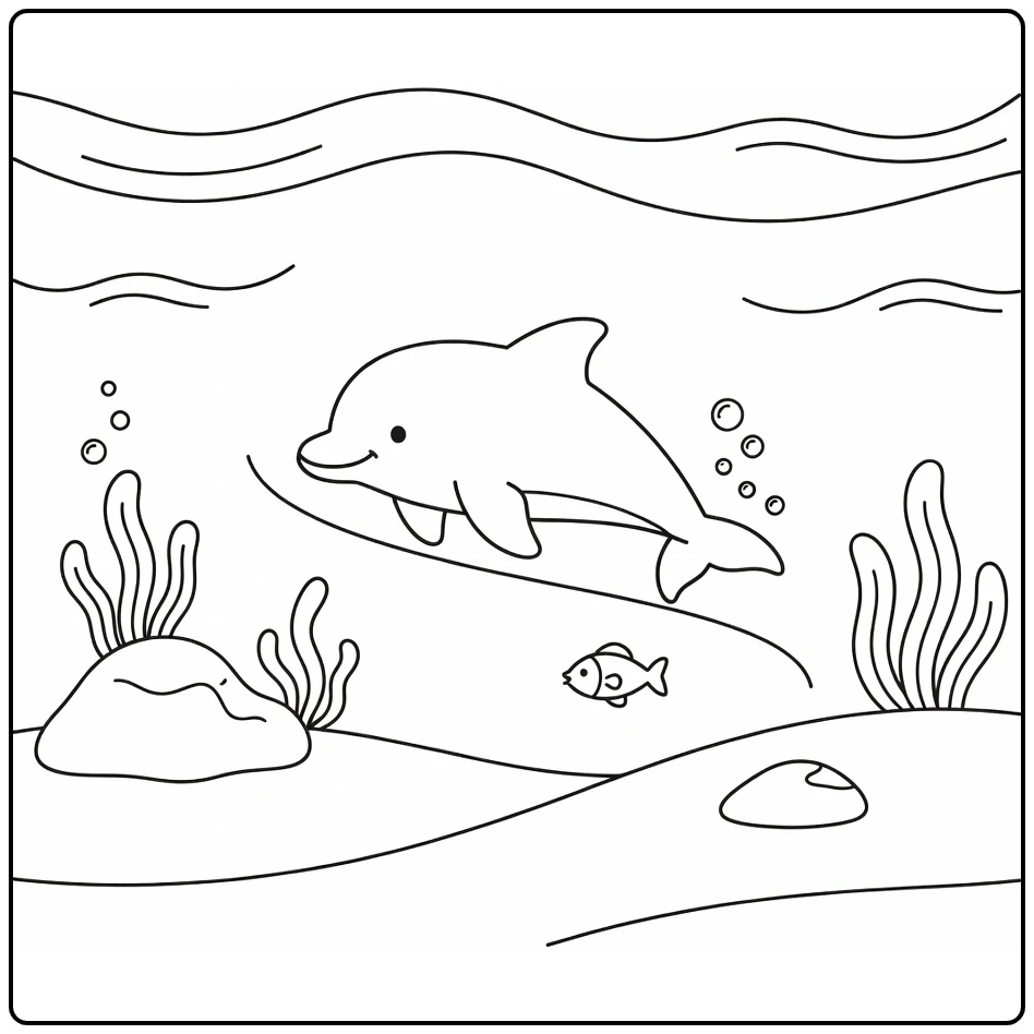 Sea animals coloring page for preschoolers: baby dolphin chasing bubbles